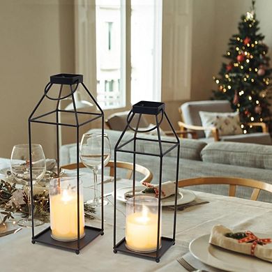 JUANWANG 2Pcs Black Metal Lanterns with LED Candle, Indoor Outdoor Decor, Small & Large