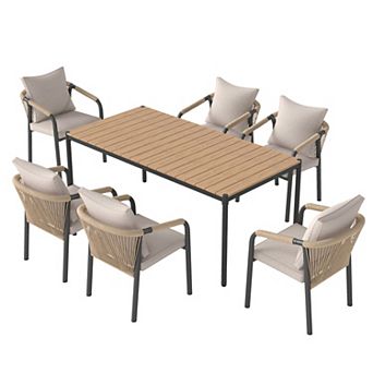 SUNSITT 7 pc Outdoor Patio Dining Set, 70” Metal Dining Table w/ WPC Tabletop & 6 Chairs