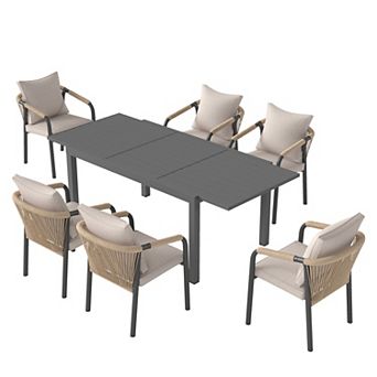 SUNSITT 7 pc Outdoor Dining Set, 59" - 83" Expandable Table, 6 Patio Chairs, Dark Grey