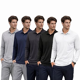 5 Pack Mens Long Sleeve Lightweight Polos for Everyday Wear
