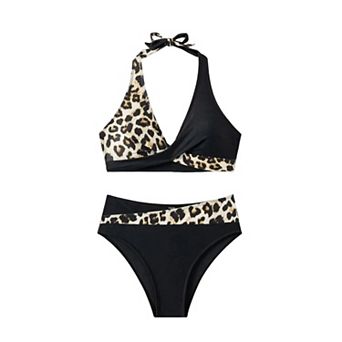 Women's Leopard Print Wrap Halter Bikini Set High Waisted 2 pc Swimsuit
