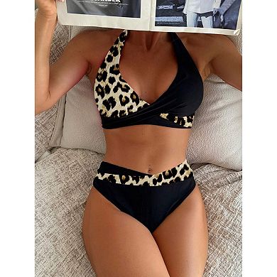 Women's Leopard Print Wrap Halter Bikini Set High Waisted 2 Piece Swimsuit