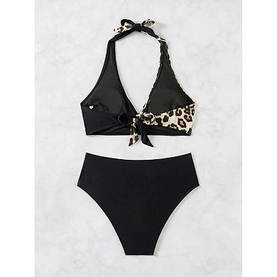 Women's Leopard Print Wrap Halter Bikini Set High Waisted 2 Piece Swimsuit