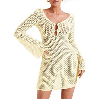 Women's Crochet Knit Cover Up Dress Long Sleeve Bell Sleeve Keyhole Mini Beach Dress