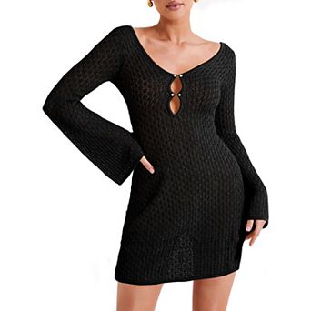 Women's Crochet Knit Cover Up Dress Long Sleeve Bell Sleeve Keyhole Mini Beach Dress