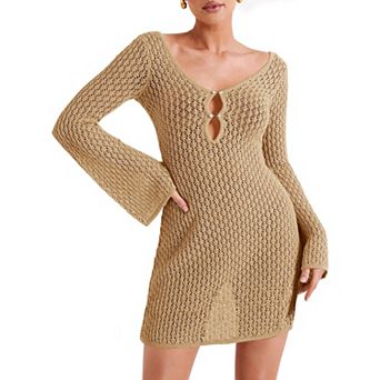 Women's Crochet Knit Cover Up Dress Long Sleeve Bell Sleeve Keyhole Mini Beach Dress