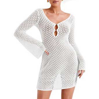 Women's Crochet Knit Cover Up Dress Long Sleeve Bell Sleeve Keyhole Mini Beach Dress
