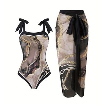 Women's 2 pc Swimsuit Set Marble/Floral Print One Piece Bathing Suit with Sarong Cover Up