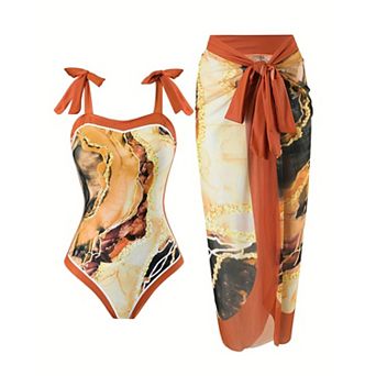Women's 2 pc Swimsuit Set Marble/Floral Print One Piece Bathing Suit with Sarong Cover Up