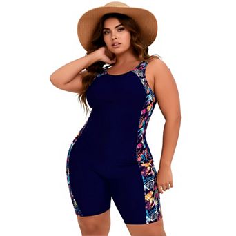 Plus Size Tropical Print One Piece Boyleg Swimsuit Racerback Modest Bathing Suit