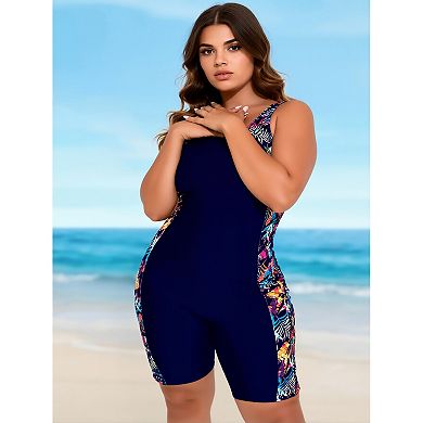 Plus Size Tropical Print One Piece Boyleg Swimsuit Racerback Modest Bathing Suit
