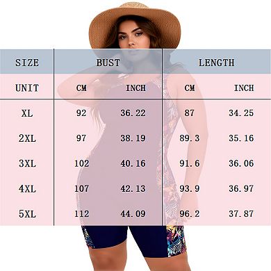 Plus Size Tropical Print One Piece Boyleg Swimsuit Racerback Modest Bathing Suit