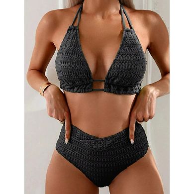 Women's Crochet Halter Bikini Set High Waisted 2 Piece Swimsuit with Cutout Detail
