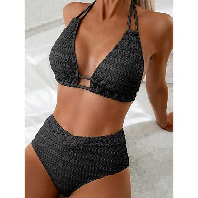 Women's Crochet Halter Bikini Set High Waisted 2 Piece Swimsuit with Cutout Detail
