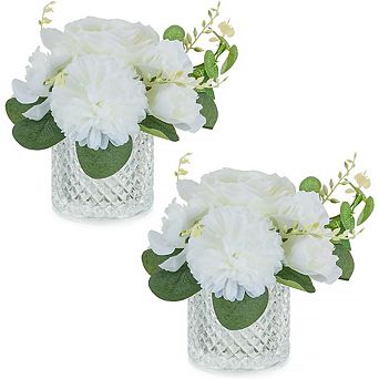 2 pc Silk Artificial Flowers with Glass Vases, Home & Office Decor