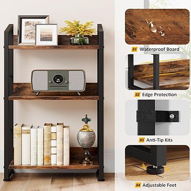 3-Tier Wood & Metal Bookshelf, Industrial Narrow Storage Rack