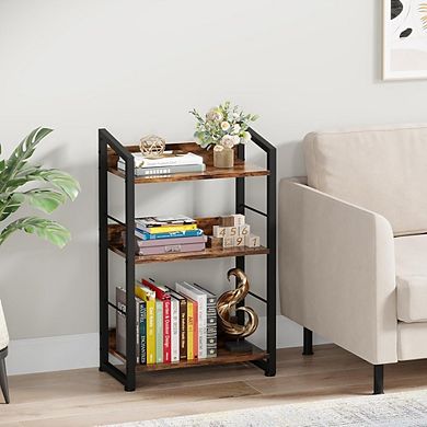 3-Tier Wood & Metal Bookshelf, Industrial Narrow Storage Rack