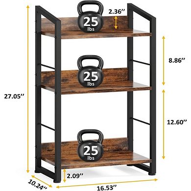 3-Tier Wood & Metal Bookshelf, Industrial Narrow Storage Rack