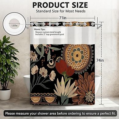 Boho Floral Shower Curtain with Snap-In Liner, Waterproof Fabric, Weighted Hem, Window Design