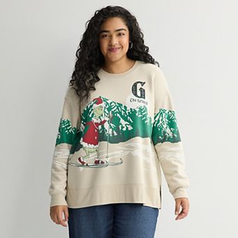 Plus Size Holiday Grinch Ski Graphic Fleece Pullover