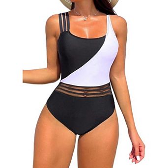 Women’s Color Block One Piece Swimsuit, Mesh Panel Tummy Control Bathing Suit with Multi Strap