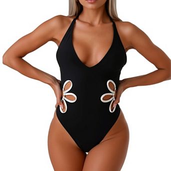 Women’s Cutout One Piece Swimsuit, Halter Neck Criss Cross Tie Back Bathing Suit