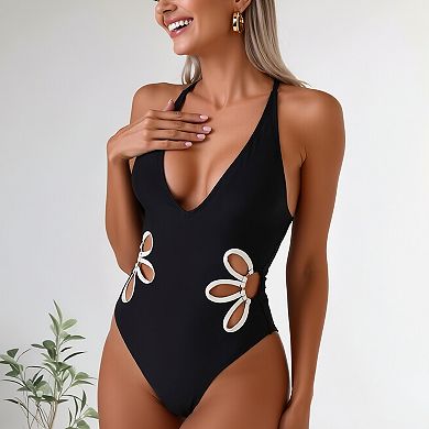 Women’s Cutout One Piece Swimsuit, Halter Neck Criss Cross Tie Back Bathing Suit