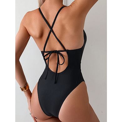 Women’s Cutout One Piece Swimsuit, Halter Neck Criss Cross Tie Back Bathing Suit