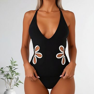 Women’s Cutout One Piece Swimsuit, Halter Neck Criss Cross Tie Back Bathing Suit