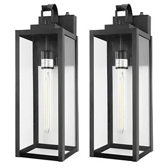 18 in Outdoor Wall Sconce Matte Black Clear Glass Dusk to Dawn Sensor Bulbs Include for Garage 2-Pack