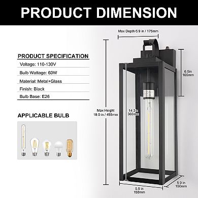 18in Outdoor Wall Sconce Matte Black Clear Glass Dusk to Dawn Sensor Bulbs Include for Garage 2-Pack
