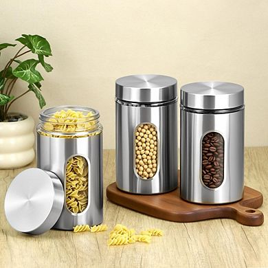 Airtight Stainless Steel and Glass Kitchen Canister Set, 3 Pack