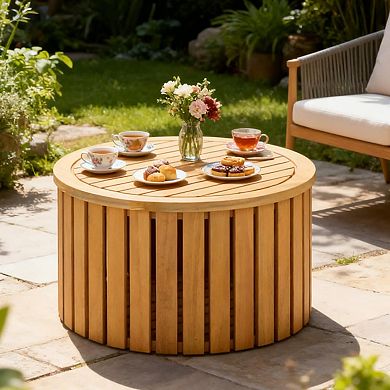 YIORTWO 2-in-1 Acacia Wood Outdoor Side Table with Storage Slatted Patio Table