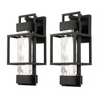 15.3 in Outdoor Wall Sconce 2 Pack Black Geometric Clear Textured Glass Light Sensor for Patio