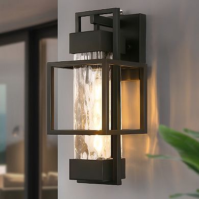 15.3in Outdoor Wall Sconce 2 Pack Black Geometric Clear Textured Glass Light Sensor for Patio