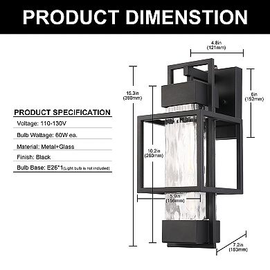 15.3in Outdoor Wall Sconce 2 Pack Black Geometric Clear Textured Glass Light Sensor for Patio