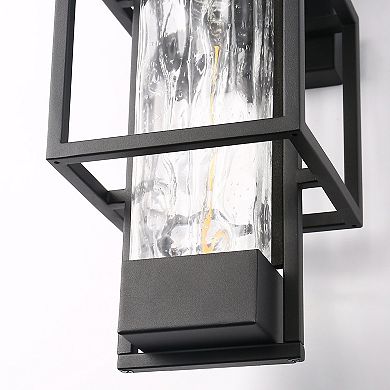 15.3in Outdoor Wall Sconce 2 Pack Black Geometric Clear Textured Glass Light Sensor for Patio