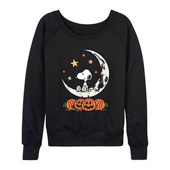 Women's Peanuts Snoopy & Pumpkins Halloween Moon French Terry Long Sleeve Tee