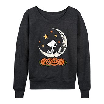 Women's Peanuts Snoopy & Pumpkins Halloween Moon French Terry Long Sleeve Tee