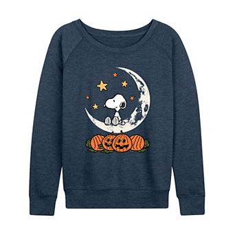 Women's Peanuts Snoopy & Pumpkins Halloween Moon French Terry Long Sleeve Tee
