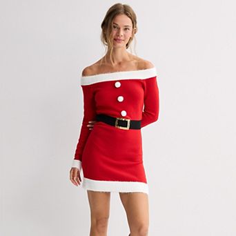 Juniors' Born Famous Off-The-Shoulder Santa Suit Mini Sweater Dress