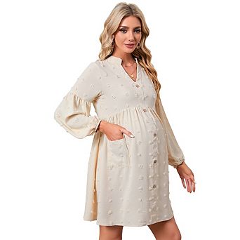 Maternity Long Sleeve Swiss Dot Dress V-Neck Button Down Casual Babydoll Dress with Pockets
