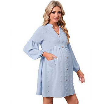 Maternity Long Sleeve Swiss Dot Dress V-Neck Button Down Casual Babydoll Dress with Pockets