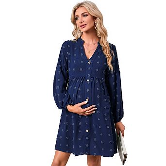 Maternity Long Sleeve Swiss Dot Dress V-Neck Button Down Casual Babydoll Dress with Pockets