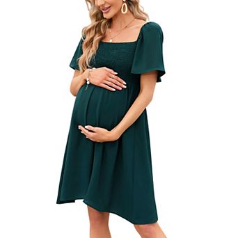 Womens Summer Maternity Dress Square Neck Ruffle Sleeve Smocked Midi Dress Baby Shower Photoshoot