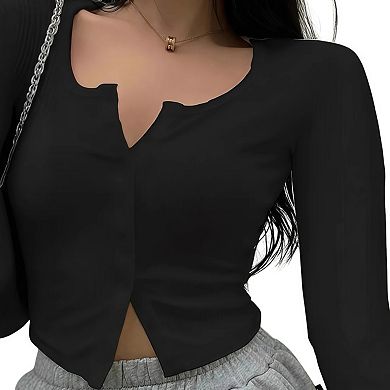 Women's Slimming Long Sleeve Button Closure Solid Basic Top