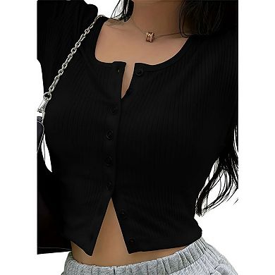 Women's Slimming Long Sleeve Button Closure Solid Basic Top