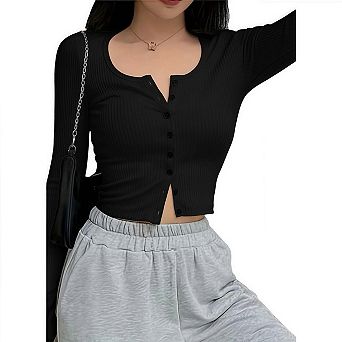 Women's Slimming Long Sleeve Button Closure Solid Basic Top