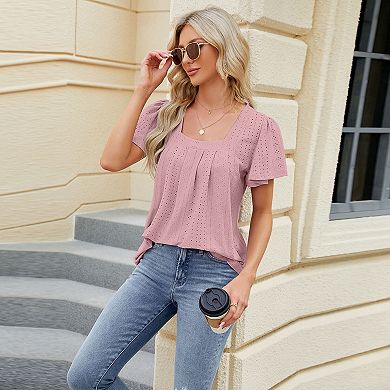 Women's Square Neck Short Sleeve Top Loose Summer Casual Tunic
