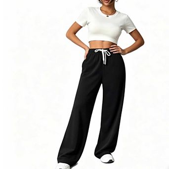 Women's High Waist Workout Pants, Drawstring Wide Leg Track Pants with Pockets